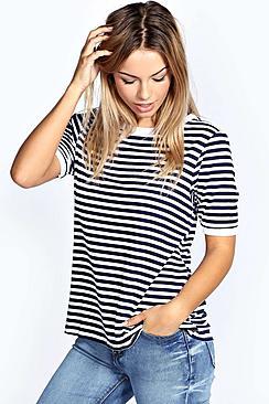 Boohoo Eva Fine Stripe Rib Cuff & Neck Top