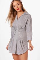 Boohoo Tanya Corset Detail Striped Shirt Dress Black
