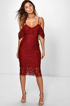 Boohoo Jess Lace Open Shoulder Midi Dress