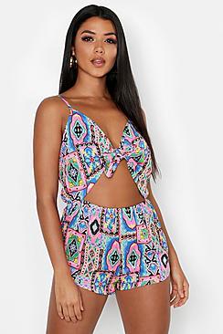 Boohoo Neon Paisley Tie Front Beach Playsuit