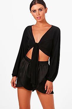 Boohoo Petite Sarah Volume Sleeve Slinky Knot Front Top