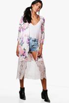 Boohoo Erin Floral Kimono With Lace Hem Cream