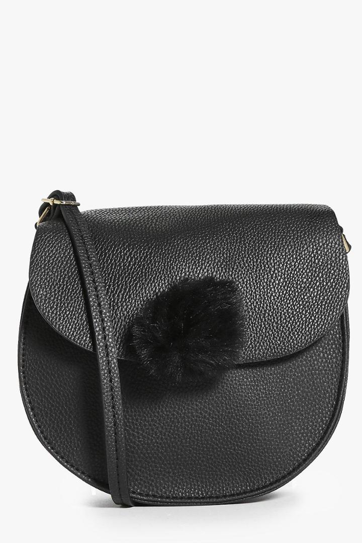 Boohoo Ivy Faux Fur Pom Clasp Saddle Cross Body Bag Black