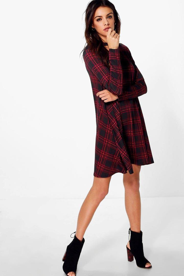 Boohoo Molly Choker Long Sleeved Swing Dress Multi
