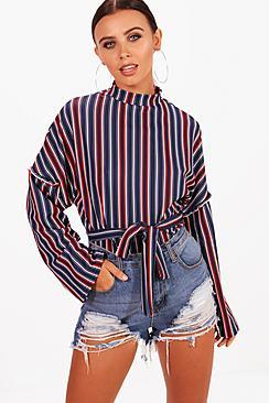 Boohoo Petite Anne Stripe Turtle Neck Tie Waist Top