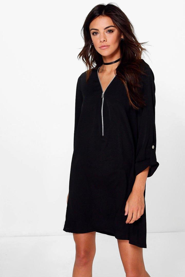 Boohoo Samara Zip Front Shift Dress Black