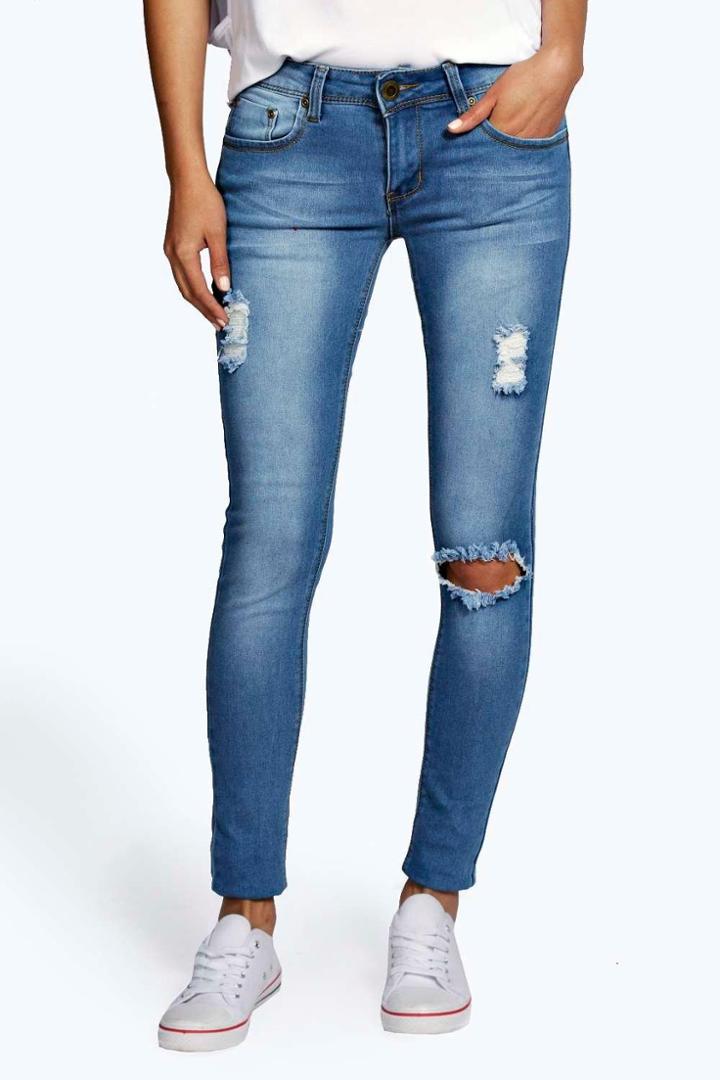 Boohoo Hannah Low Rise Distressed Knee Rip Skinny Jeans Blue