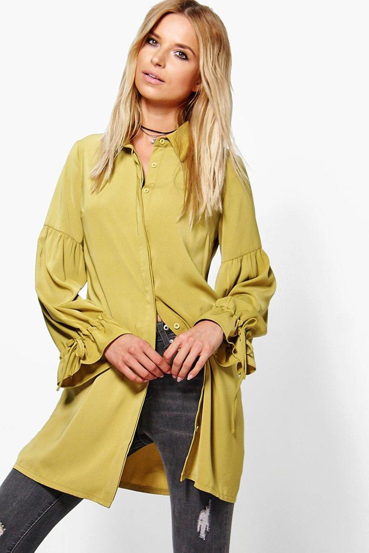 Boohoo Mandy Tie Cuff Longline Shirt Lime