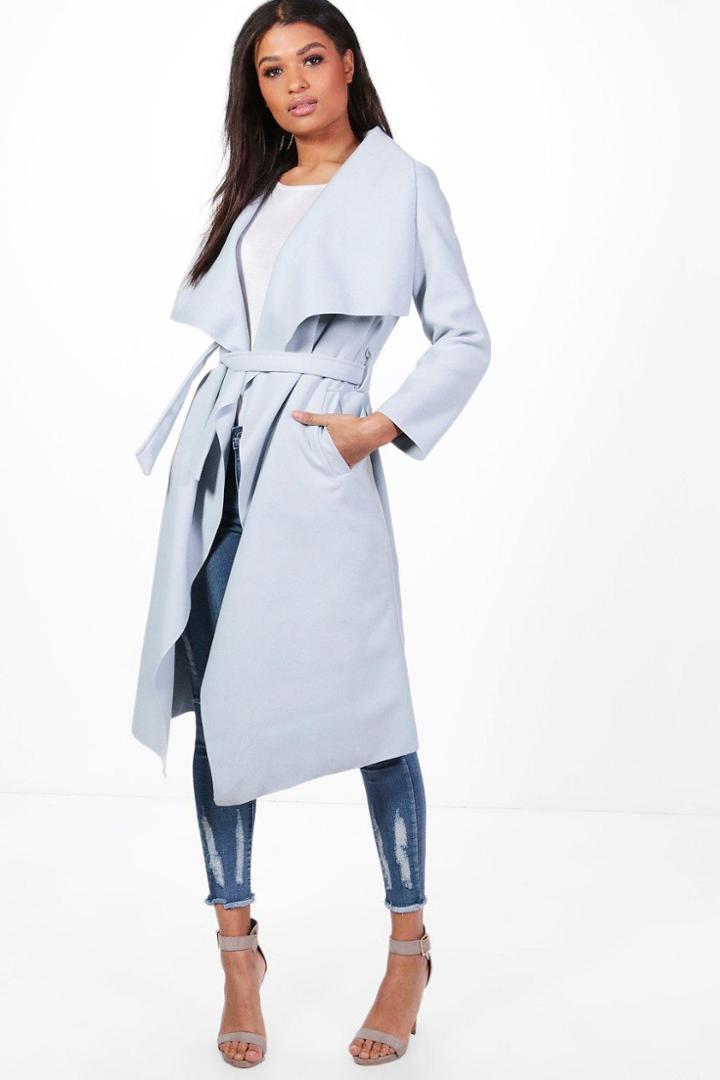 Boohoo Francesca Belted Waterfall Coat Blue