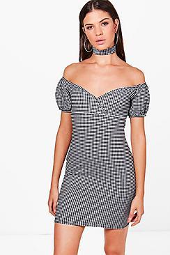 Boohoo Jen Off Shoulder Gingham Choker Bodycon Dress