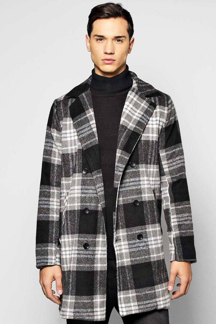 Boohoo Smart Check Woollike Over Coat Black