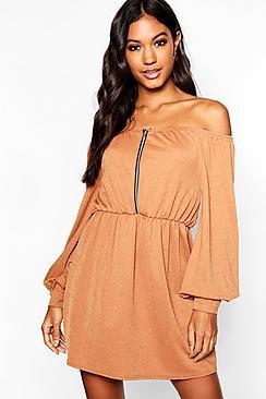 Boohoo Zip Balloon Sleeve Off The Shoulder Dress