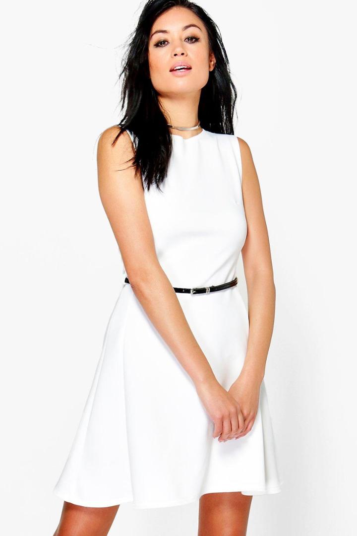Boohoo Emily Belted Scuba Skater Dress Cream