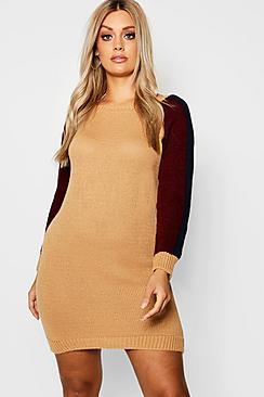 Boohoo Plus Contrast Sleeve Knitted Jumper Dress