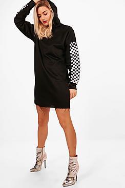 Boohoo Emma Check Sleeve Hooded Sweat Dress