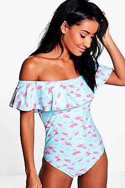 Boohoo Miami Flamingo Frill Bardot Swimsuit