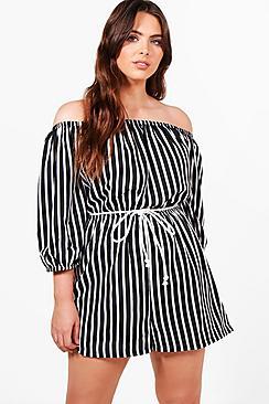 Boohoo Plus Anya Off Shoulder Stripe Playsuit