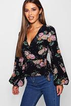 Boohoo Petite Wrap Floral And Star Print Blouse