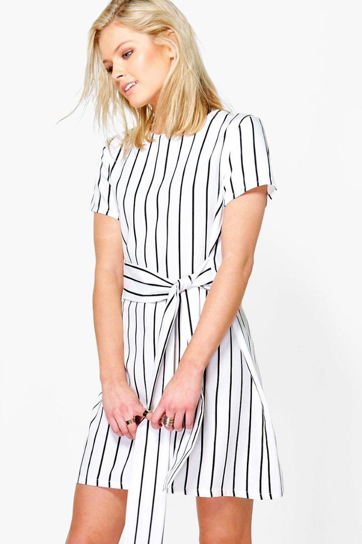 Boohoo Jenna Stripe Tie Waist Shift Dress White
