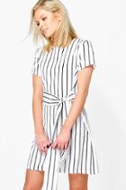 Boohoo Jenna Stripe Tie Waist Shift Dress White