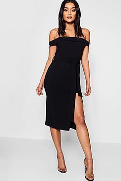 Boohoo Sidra Bardot Tie Waist Split Detail Midi Dress