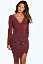 Boohoo Lilith Wrap Front Ruched Metallic Bodycon Dress Berry