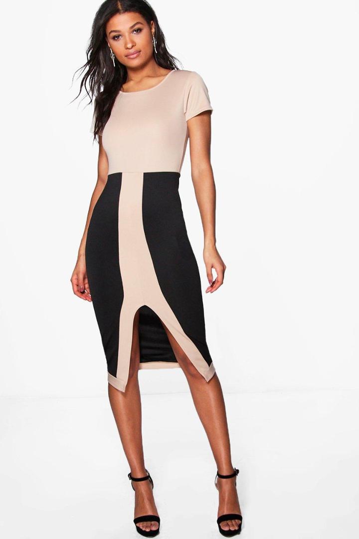 Boohoo Freya Contrast Midi Split Dress Stone