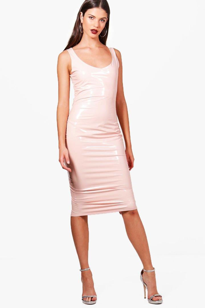 Boohoo Kim Pvc Plunge Neck Bodycon Dress Nude