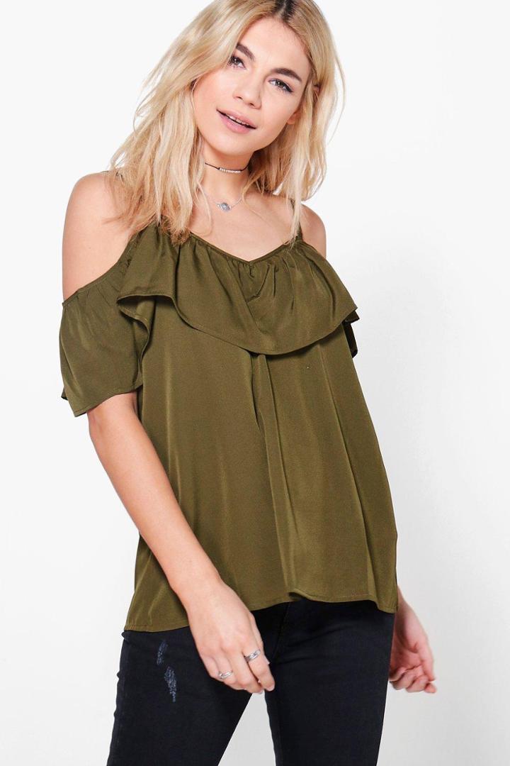 Boohoo Posey Ruffle Front Woven Cami Khaki