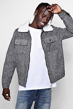 Boohoo Wool Look Trucker Jacket With Borg Collar