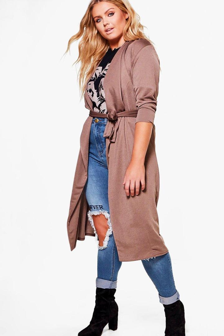 Boohoo Plus Caitlin Wrap Tie Waist Trench Coat Mocha