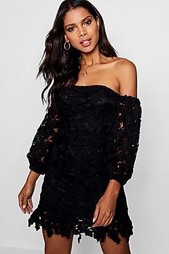 Boohoo Lace Off The Shoulder Mini Dress