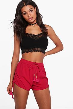 Boohoo Tina Tassel Trim Solid Colour Shorts