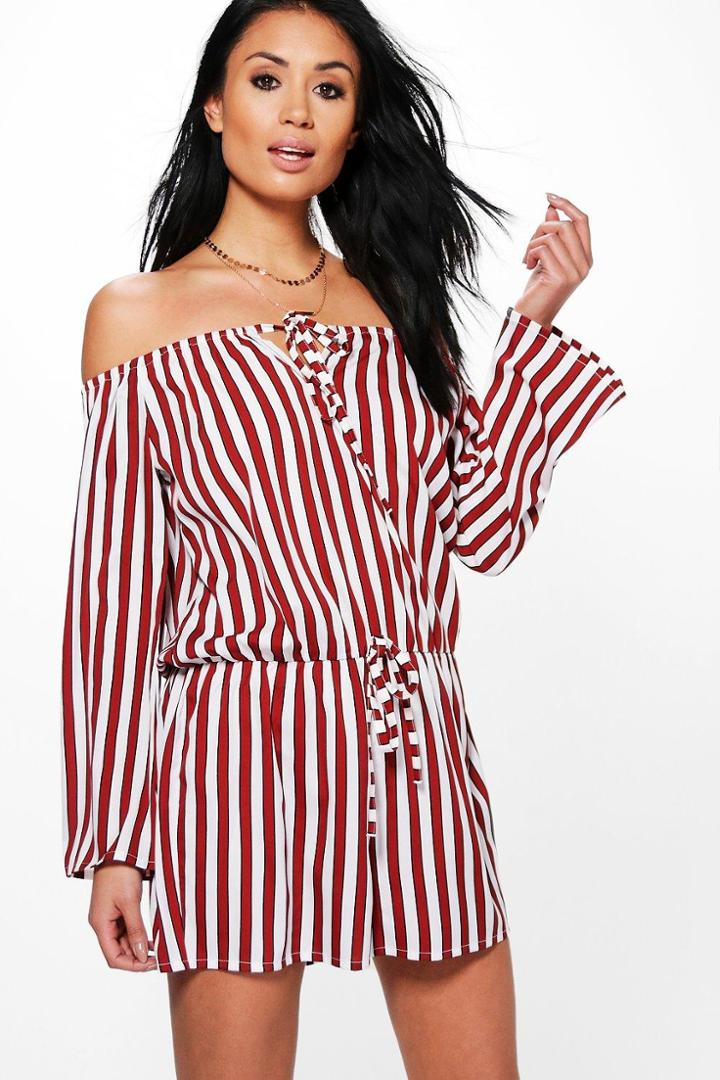 Boohoo Sonia Striped Off The Shoulder Playsuit Berry