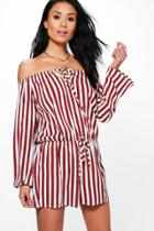 Boohoo Sonia Striped Off The Shoulder Playsuit Berry