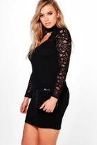 Boohoo Plus Mila Lace Choker Long Sleeve Midi Dress Black