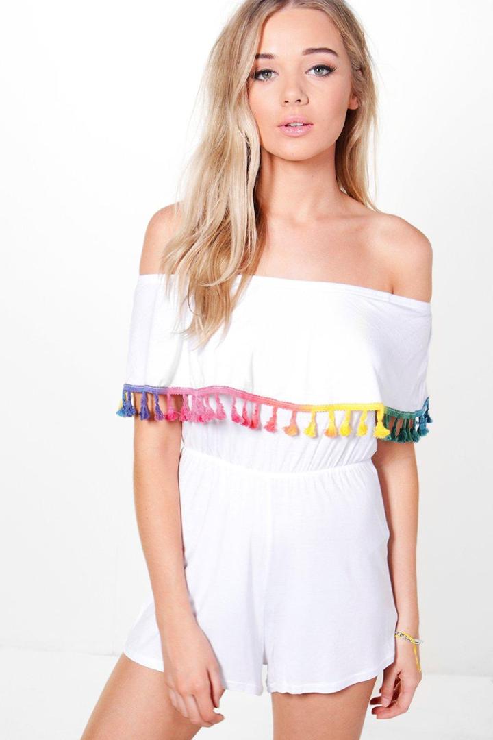 Boohoo Mia Multi Colour Tassel Trim Off Shoulder Playsuit White