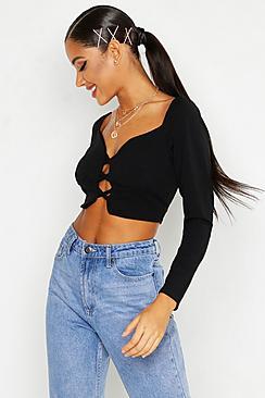 Boohoo Puff Sleeve Lace Up Peasant Crop Top