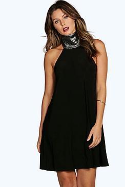 Boohoo Isla Caviar Bead High Neck Swing Dress
