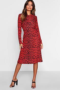 Boohoo Red Leopard Knot Front Skater Dress