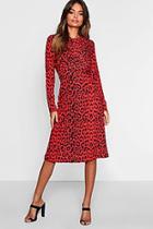 Boohoo Red Leopard Knot Front Skater Dress