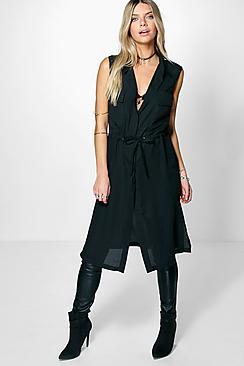 Boohoo Celina Sleeveless Tie Waist Long Shirt