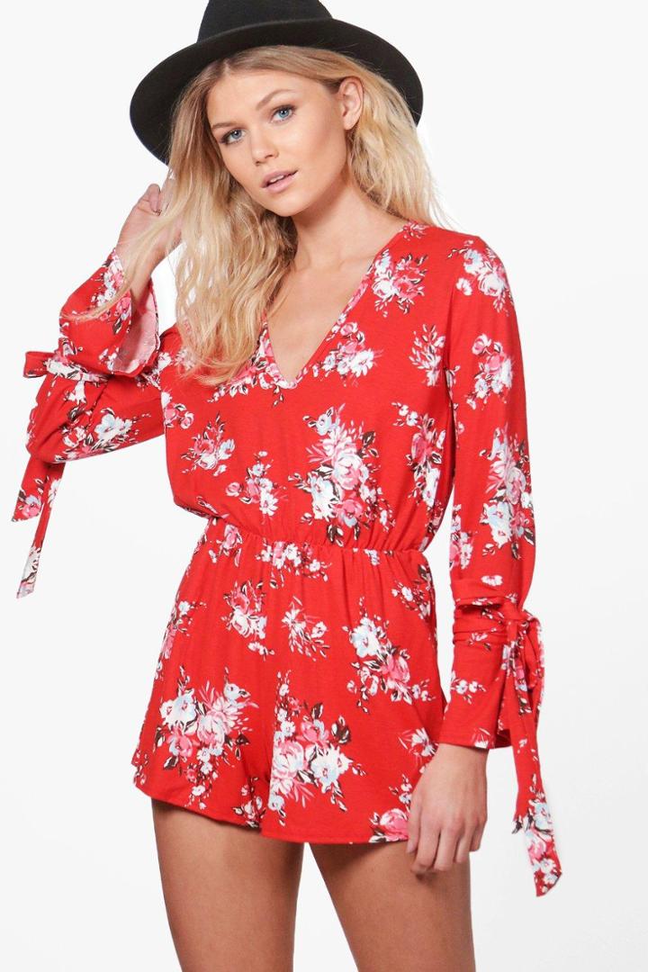 Boohoo Petite Lucie Printed Tie Sleeve Plunge Playsuit Multi