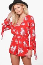 Boohoo Petite Lucie Printed Tie Sleeve Plunge Playsuit Multi