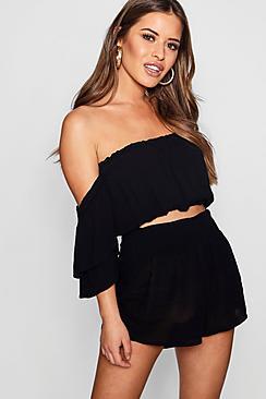 Boohoo Petite Shirred Detail Short & Bardot Crop Top Co-ord