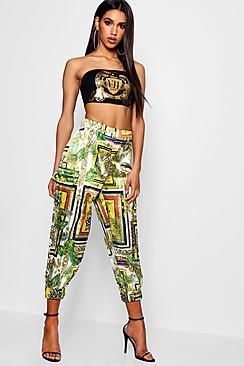 Boohoo Stefflon Don Scarf Print Satin Crop Cargo Trousers