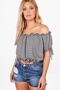 Boohoo Plus Rosie Off The Shoulder Gingham Ruffle Top