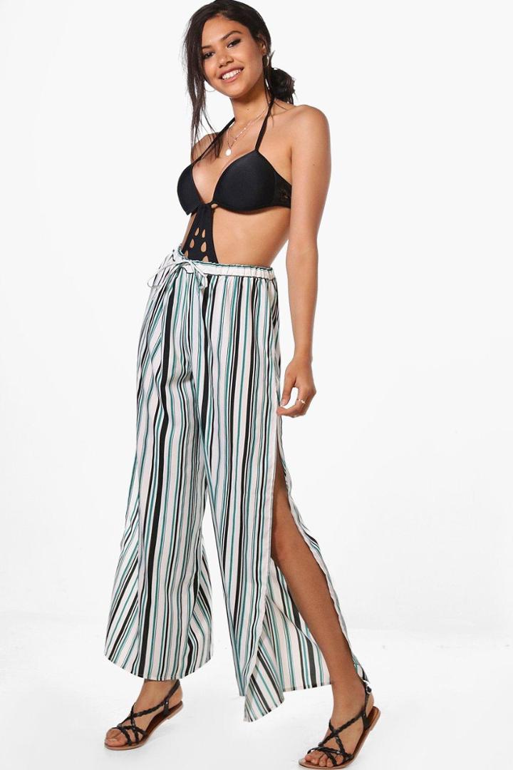 Boohoo Jemma Pinstripe Split Leg Beach Trouser White