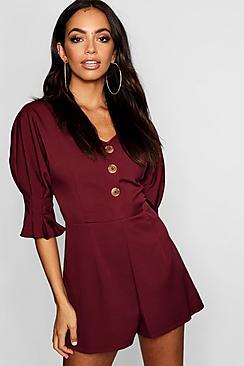 Boohoo Horn Button Balloon Sleeve Tea Romper