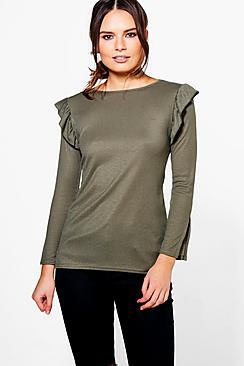 Boohoo Gabriella Ruffle Shoulder Long Sleeve Top